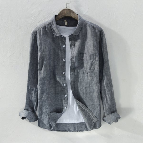 Men's Clothing Daily Casual Outerwear All Match Shirt Linen Long Sleeved Solid Color Shirt