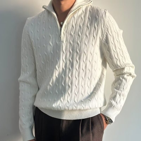Men's Clothing Half Turtleneck Zipper Sweater For Men, High End Lazy Pullover Long Sleeved Sweater, Fashionable And Versatile White Jacket