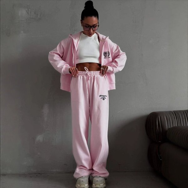 Women's Zip-Up Hoodie & High-Waist Sweatpants Set –Fall Embroidered Joggers, Streetwear Casual Tracksuit In Pink/Yellow/Light Grey (S/M/L)-image