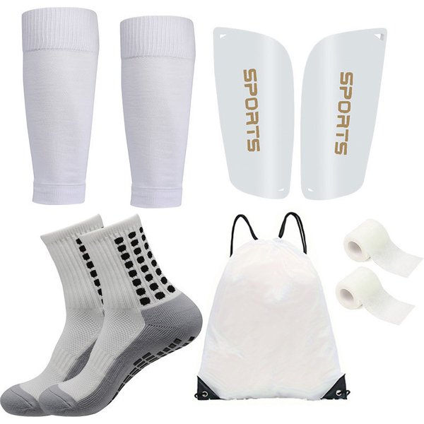 5 Piece Set Grey Sole Sports Socks Mid Calf Soccer Socks Anti Slip Dotted Adhesive Sock Covers Shin Guards Bandages Drawstring Bag-image