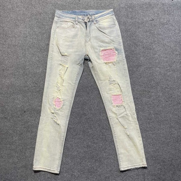 Men's Clothing Trendy Pink Patchwork Distressed Jeans For Men - Street Style Slim Fit Stretch Denim Pants-image
