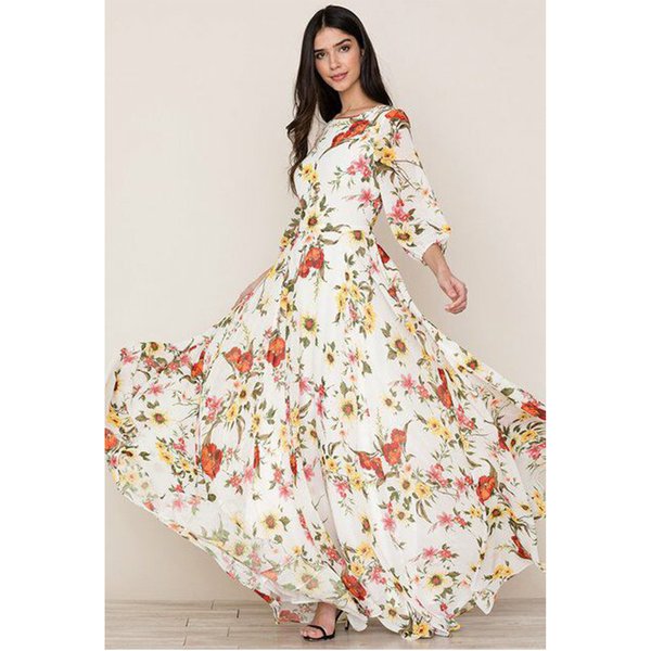 Women's Clothing Boho print chiffon long dress with round neck and mid-sleeve waist