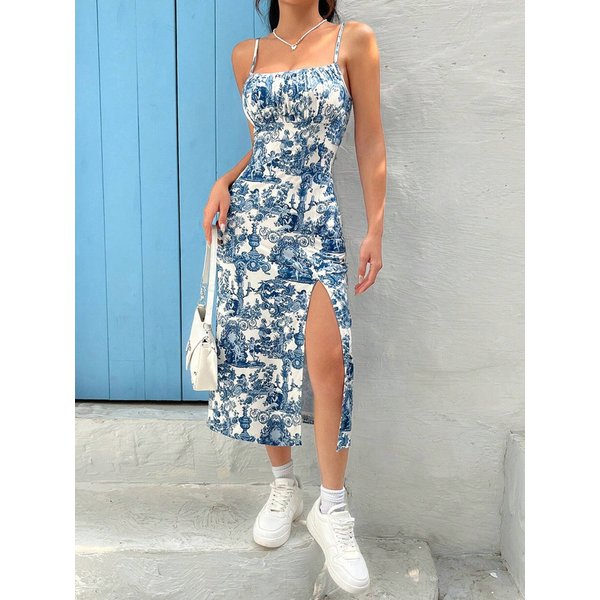 Women's Autumn High Slit Long Dress Leopard Print Small Daisy Pattern Suspender Wrap Chest Design Hip-Length Fashion Dress-image