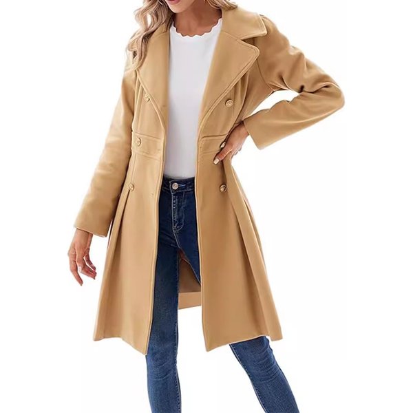 Women's Clothing Double-Breasted Pea Coat – A-Line Trench Coat With Notch Lapel & Pockets-image