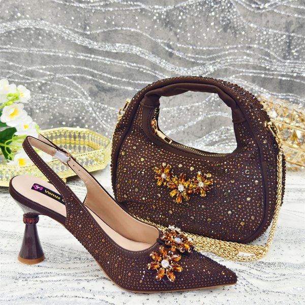 Women's Shoes And Bags Set Pointed High Heeled Sandals Diamond Shoes With Handbags (soft)