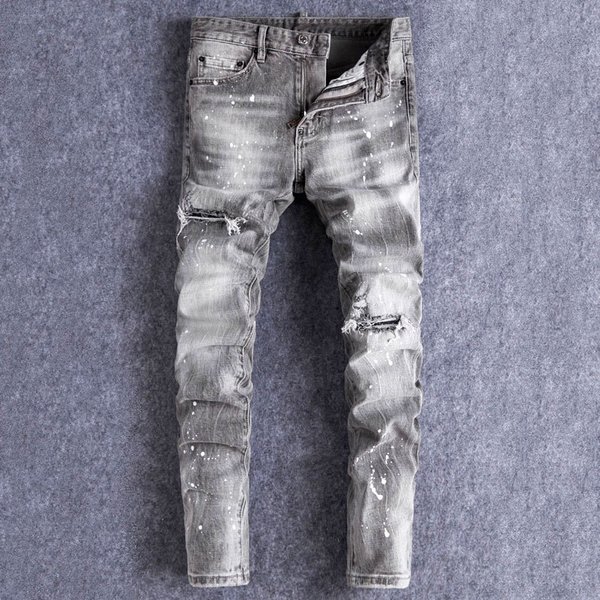 Men's Clothing High Street Fashion Retro Men's Jeans Distressed Gray Washed Ripped Patches Slightly Stretch Slim Fit Skinny Jeans Men's Trendy