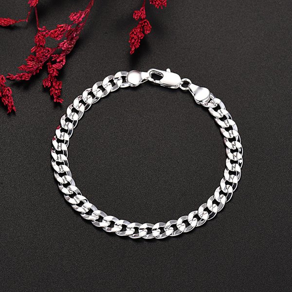 Jewelry Copper Silver Plated Men's And Women's 7MM Side Concave Carved Bracelet Cuban Chain
