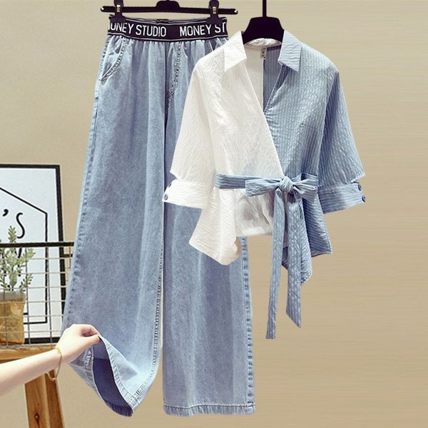 New Women's Fashionable Two-Piece Set: High-Waisted Top And Jeans (Plus Size)-image