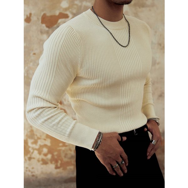 Men's Slim Fit Knit Sweater Long Sleeve – Business Casual Pullover With Striped Design For Winter Layering-image