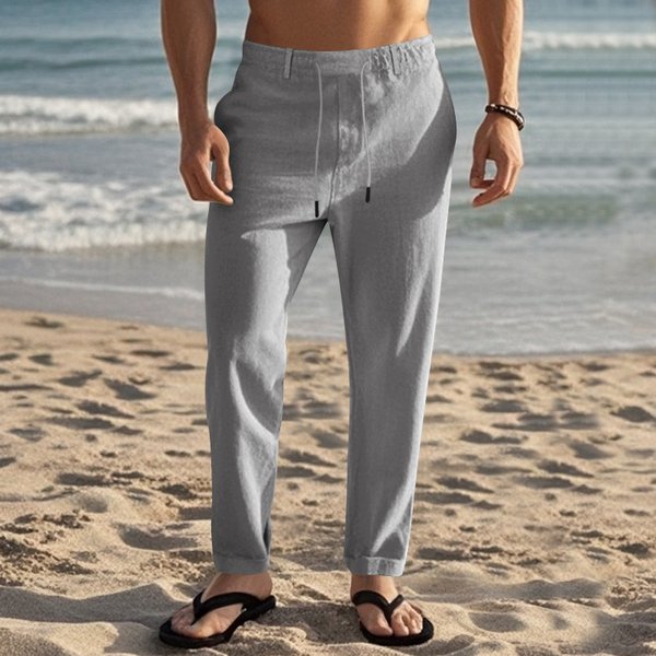 Men's Casual Linen Drawstring Pants - Breathable Straight-Leg Trousers For Relaxed Style (White/Grey/Black/Khaki)-image