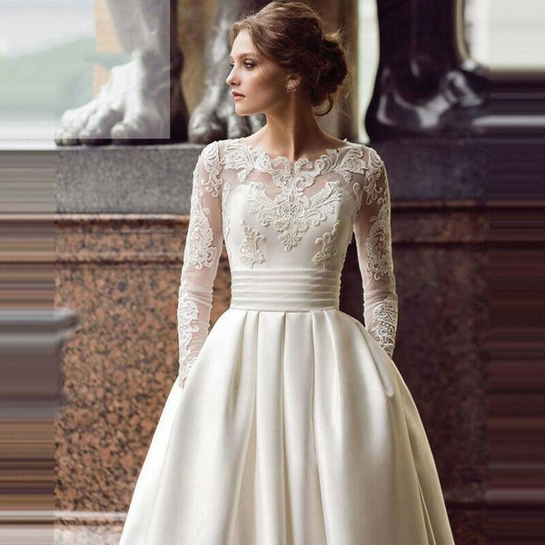 Women's New Wedding Dress Round Neck Lace Long Sleeves Satin Slimming Can Be Customized In Large Sizes-image