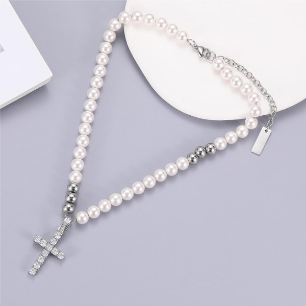 Simple Fashion Pendant Cross Pendant Inlaid With Diamonds Without Fading Titanium Steel Necklace Female Personality Pearl Jewelry Summer-image