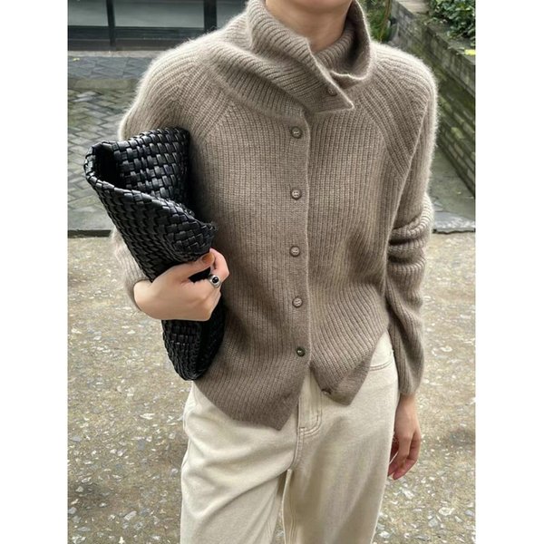"Elegant High-Neck Knit Cardigan For Women - Cozy Oversized Pullover With Single-Button Closure, Soft Ribbed Texture In Beige, Cream & Black"-image