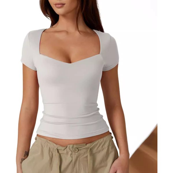 Women's Heart Shaped Neck Short Sleeve T-Shirt Solid Color Slim Fit Basic Style Fashionable Navel Top