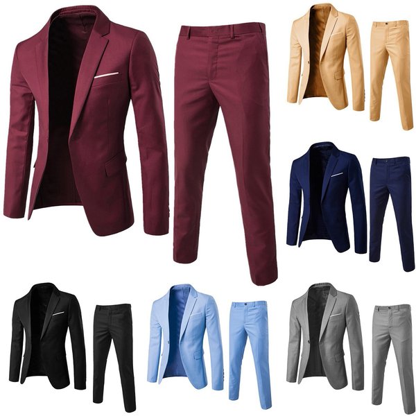 Men's Slim Fit Two-Piece Suit Set, Cotton Blazer & Trousers, Wedding Groom Party Formal & Casual Business Suit For Men