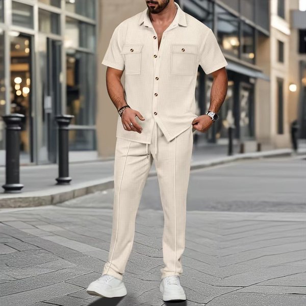 Men's Clothing Summer Solid Color Button Pocket Shirt Short Sleeve Pants Two Piece Set-image
