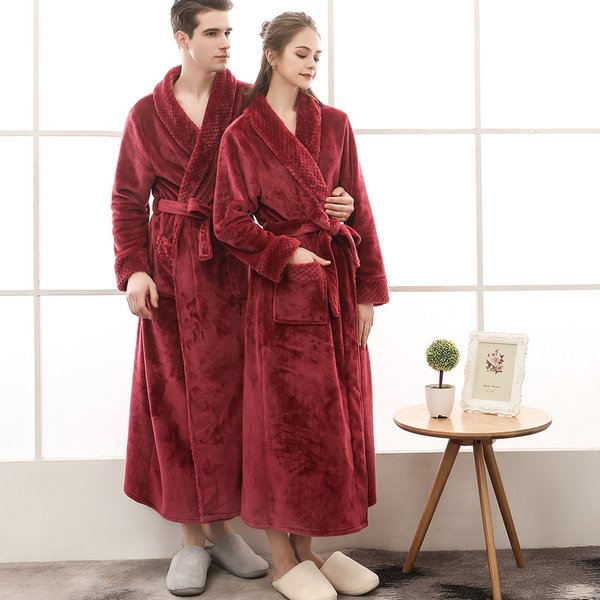 Underwear & Sleepwears Autumn And Winter Large Size Flannel Couple Robes For Men And Women Velvet Splicing Thickened And Lengthened Bathrobes-image