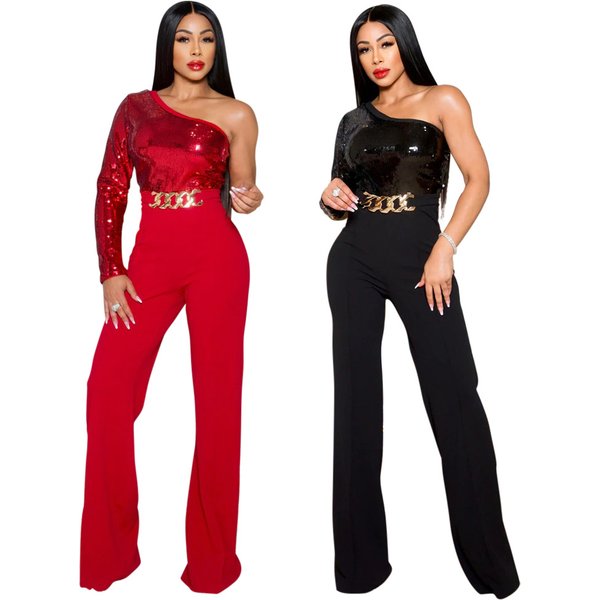 Women's Clothing Amazon Foreign Trade New Fashion Fashionable One-Shoulder Sleeve Sequined Patchwork Woolen Slim Fit Jumpsuit-image