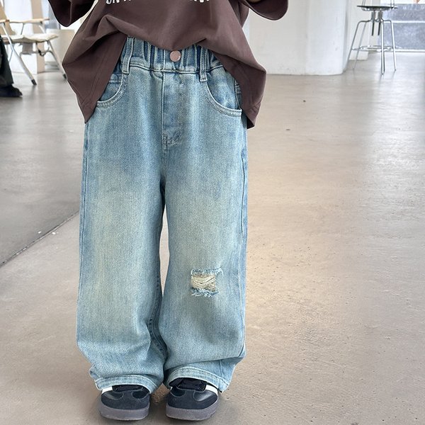 Kids’ Clothing Children's Pants Boys And Girls Autumn Style Ripped Micro Stretch Jeans Baby Handsome Straight Trousers-image