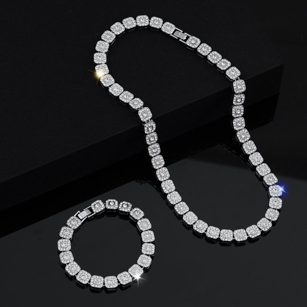 Trendy Jewelry Set Fashion Personality Hip-Hop Necklace High-End Full Diamond Cuban Chain Men's Bracelet-image