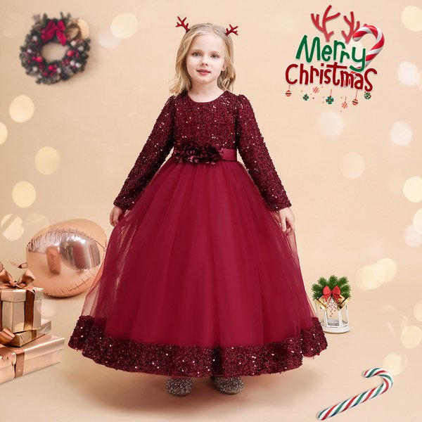 Kids’ Clothing Princess Dress Ins Girl Long Sequined Evening Dress Christmas Performance Costume-image
