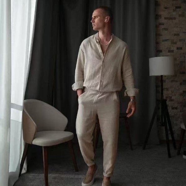 Men's Clothing European And American New Men's Casual Sports Long Sleeved Trousers Two Piece Suit Light Mature Simple Beach Men's Suit-image