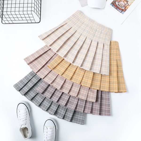 "Women's Pleated Skirt High Waist A-Line Mini Skirt With Checkered Pattern, Casual Spring Summer Outfit, Flattering Fit For XS-3XL (Grey, Beige,