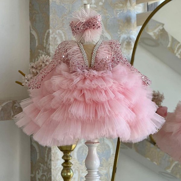 Kids’ Clothing Princess Dress For Girls, Stylish Dress, V Neck Long Sleeved Little Girl Dress, Children's Piano Performance Show Costume-image