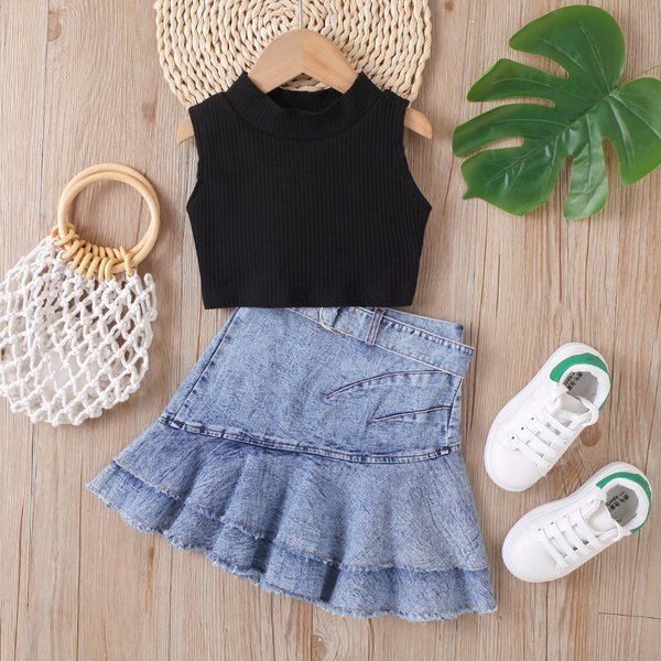 Mother & Kids Children's Clothing Girls Solid Color Waistcoat Sleeveless Top Denim Open Pocket Pleated Skirt Suit-image