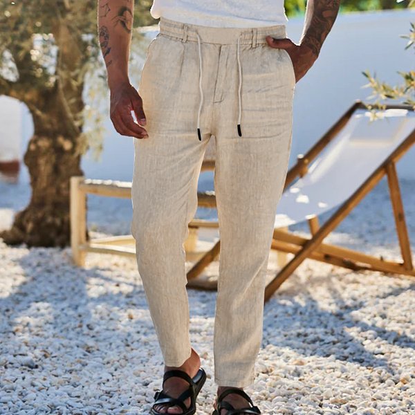 Men's Clothing New Cotton And Linen Loose Trousers Men's Straight Solid Color Casual Drawstring Trousers Men-image
