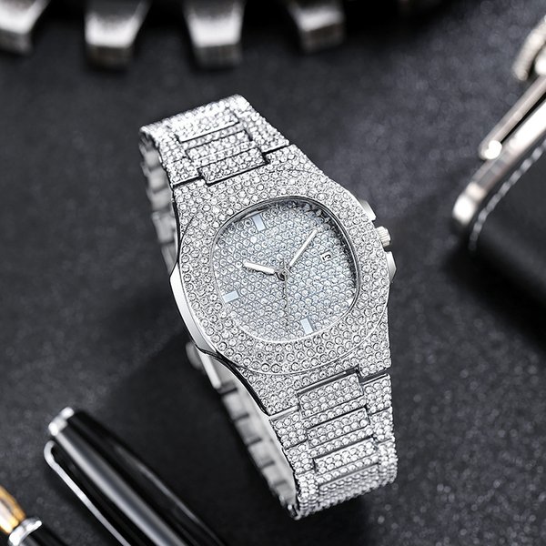 Luxury Full Diamond Calendar Watch - Fashionable Stainless Steel Quartz Watch For Men & Women (Date Display)