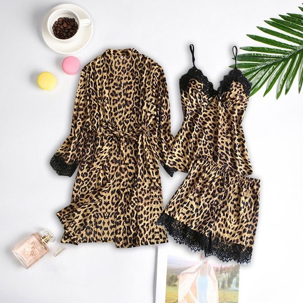 Women's Clothing Silk Black Leopard Print Home Clothes Pajamas Set Fashion Lace Pajamas Set-image