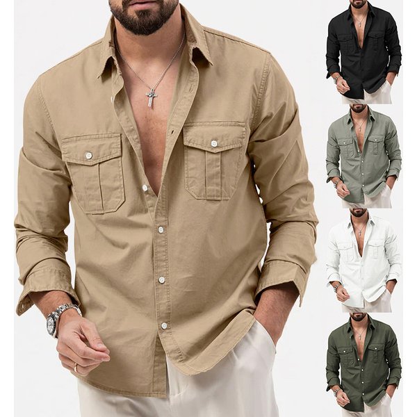 2024 New Cross-border Independent Station Men`s Shirt Multi-pocket Casual Long Sleeve Shirt Men