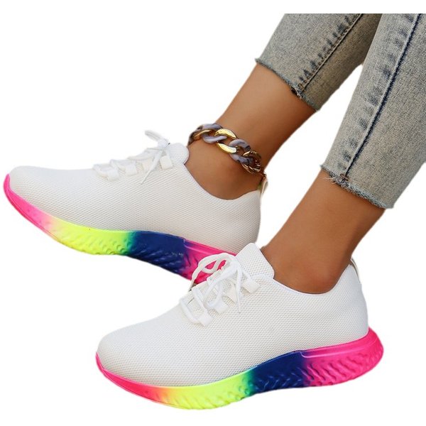 Casual shoes for women spring and summer new European and American large size rainbow bottom elastic thick sole lace up knitted sneakers for women