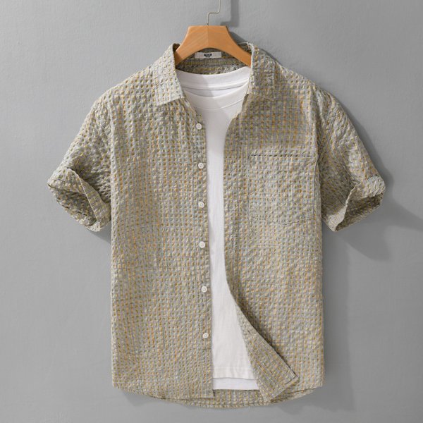 Summer Woven Plaid Bubble Sand Short Sleeved Shirt Men's Trendy Brand Loose And Versatile Plaid Half Sleeved Shirt-image