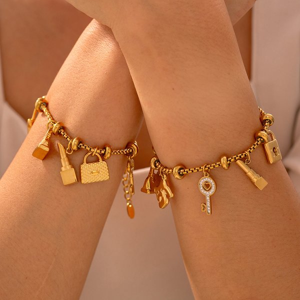 Women's Jewelry Multi Element Tag Inlaid Diamond Pendant Bracelet Adjustable Trendy Retro Titanium Steel Plated K Gold Hand Jewelry-image