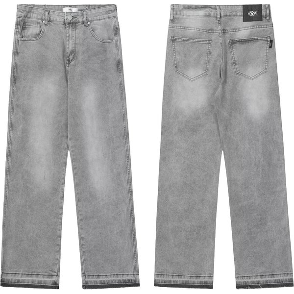 Unisex American Washed Light Grey Distressed Jeans - Straight Leg Raw Hem Denim Pants (Polyester Blend, S-3XL)-image