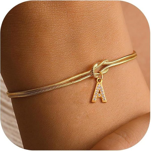 Zircon Alphabet Charm Bracelet - Trendy Couple Friendship Snake Chain Jewelry With 26 Letters, Unisex Circle Knot Design-image