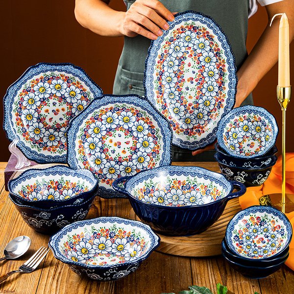 Polish Colorful Ceramic Dinnerware Set - 16-Piece Hand-Painted Bowls & Plates With Heat-Resistant Design-image