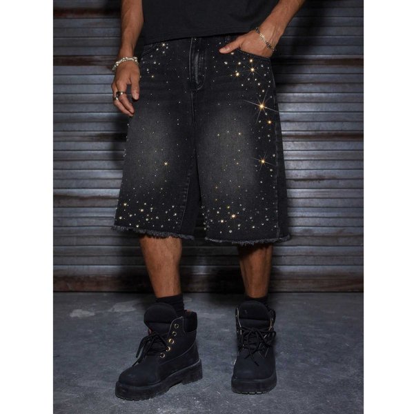 Men's Distressed Denim Shorts With Rhinestone Details - European Fit Straight Leg Summer Casual Shorts For Men (Black, S/M/L/XL)