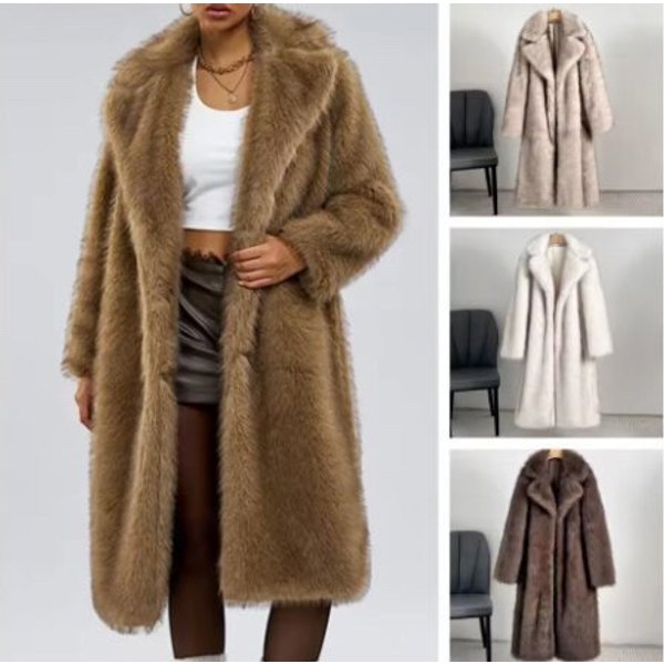 Luxury Faux Fur Coat – Long Plush Suit Collar Coat For Women (White/Black, Beige, Brown, Camel, S-XXL)-image