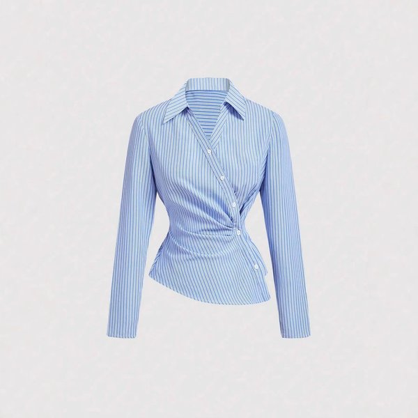 Women's Clothing Striped Asymmetrical Long Sleeved Women’s Blue & White Striped Asymmetrical Blouse – Twist Knot Detail, Long Sleeve, Casual Chic