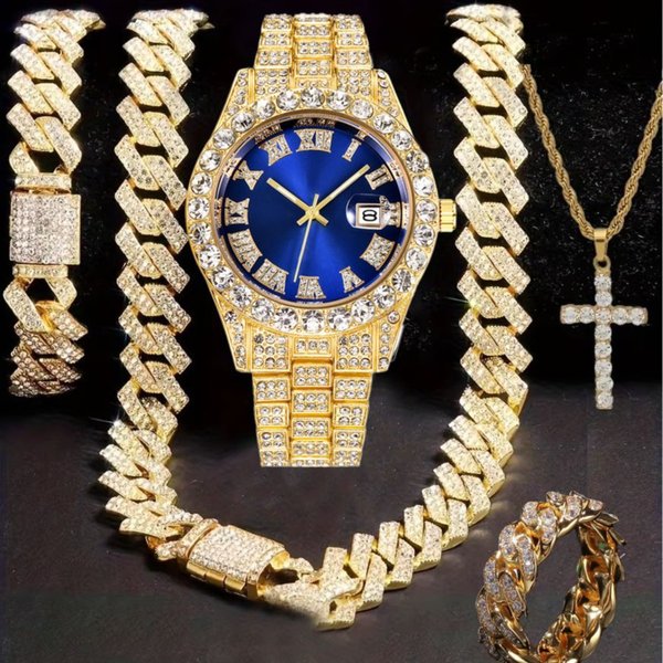Montre Hip-Hop Sertie De Diamants, Ensemble De Cinq PièCes, Avec Collier En Forme De Croix Et Bague Cubaine-image