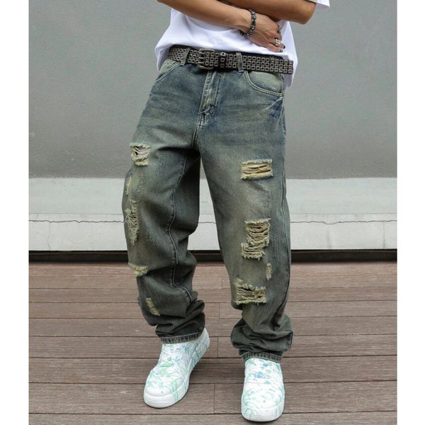 Men's American Style Lightweight Distressed Washed Retro Wide Leg Casual Straight Leg Jeans Loose Fit Slimming Summer 2026