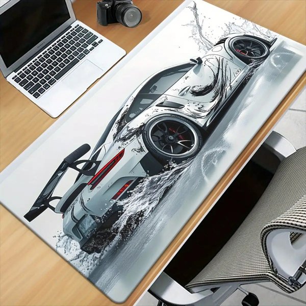 Large White Sports Car Dynamic Design Gaming Mouse Pad And Desk Mat - Multi Functional Non-Slip Surface For PC Gamers And Office Computer Setup