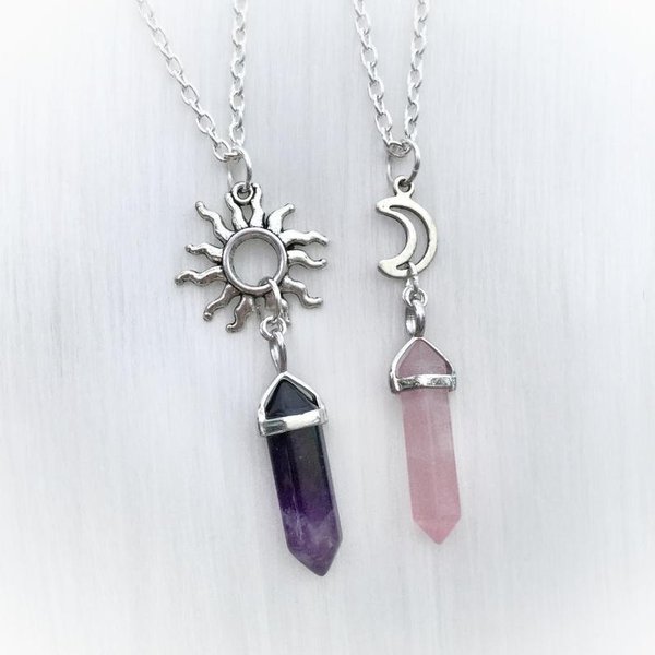 Necklaces 2-Piece Natural Stone Hexagonal Column Crystal Pendant Sun And Moon Charm Best Friend Necklace-image