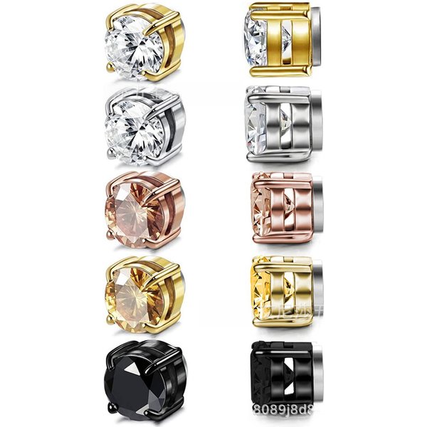 5pairs/set Stainless Steel Men's And Women's Magnetic Stud Earrings Non-perforated Zircon Magnetic Ear Clip