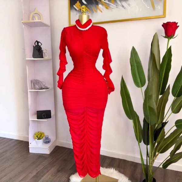 Spring American Style Women's 2-Piece Dress Set Long Sleeve Pleated Maxi Dress With Inner Camisole Sexy
