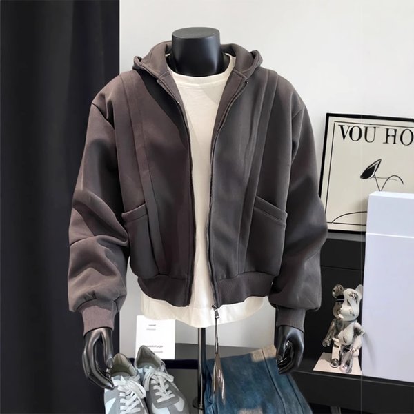 Men's Heavyweight Paris Grey Zip-Up Hoodie - 400g Warm Patchwork Deconstructed Streetwear Jacket For Autumn & Winter