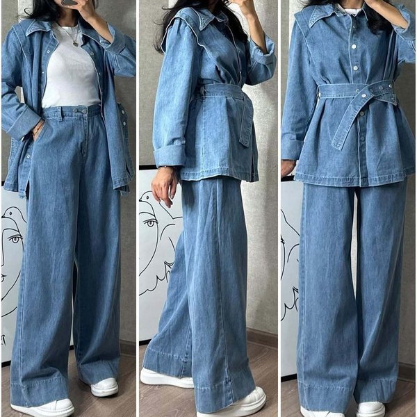 Women's Clothing New Women's Long Sleeved Denim Jacket Wide Leg Jeans Two Piece Set-image
